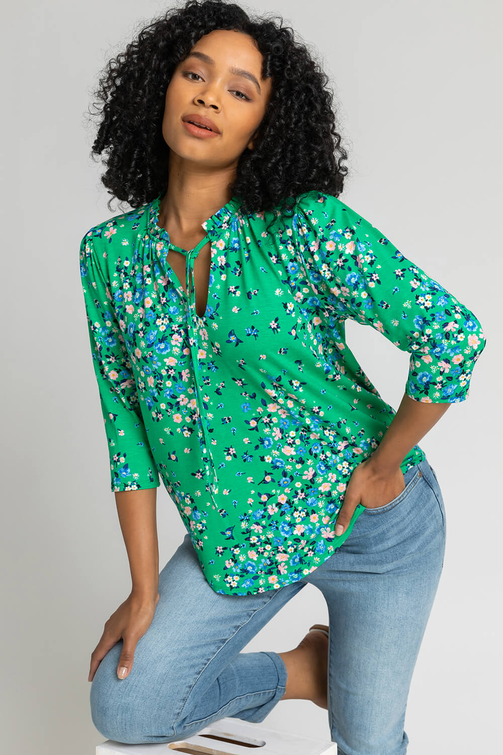 Green Petite Floral Print Tie Neck Top, Image 5 of 5