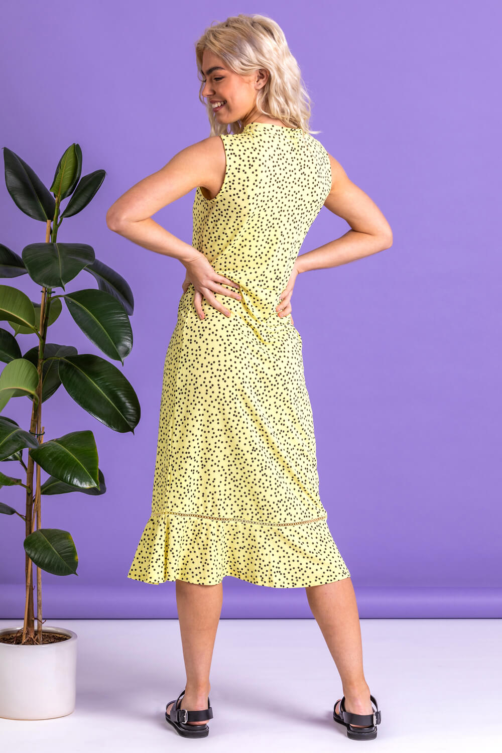 Lemon  Spot Print Frill Hem Midi Dress, Image 2 of 5