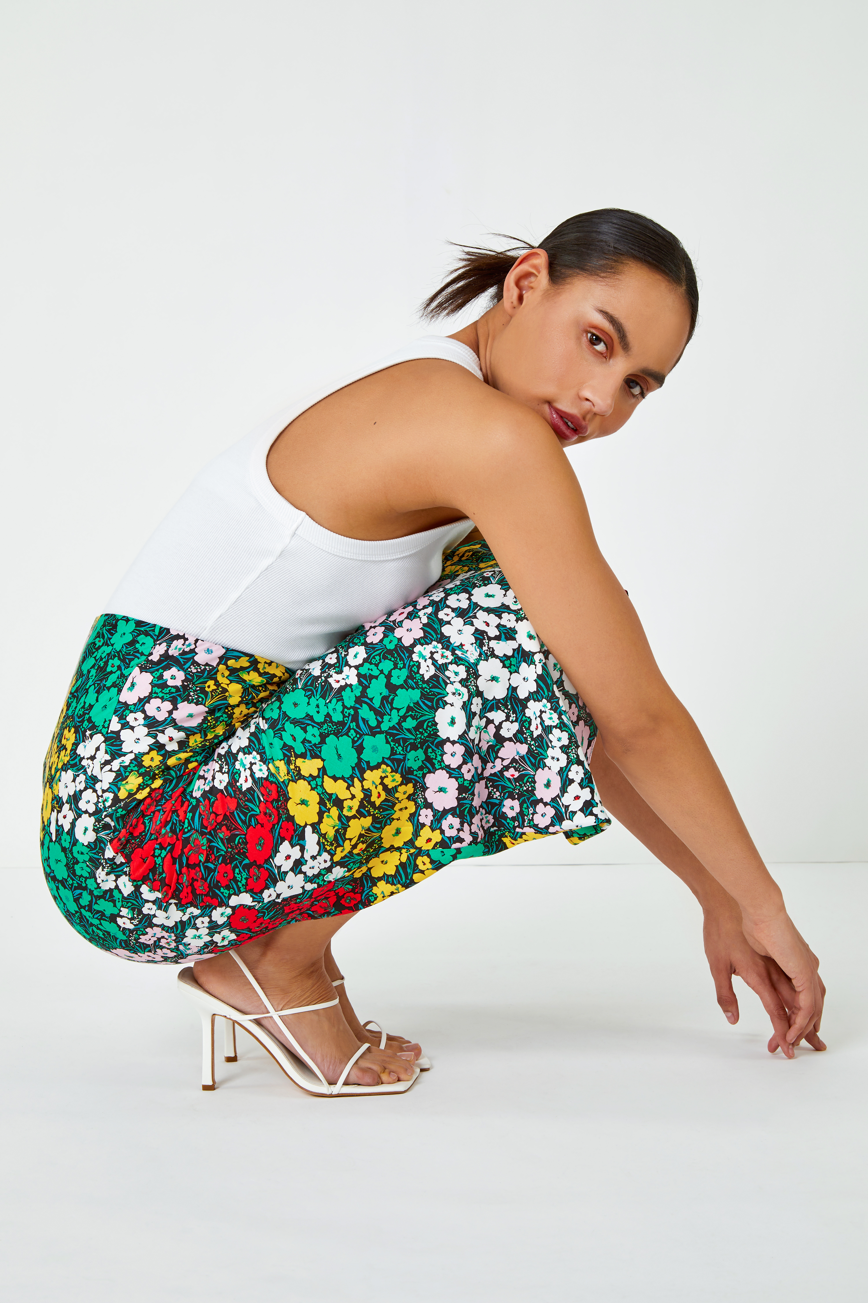 Multi  Contrast Floral Print Midi Skirt, Image 4 of 5