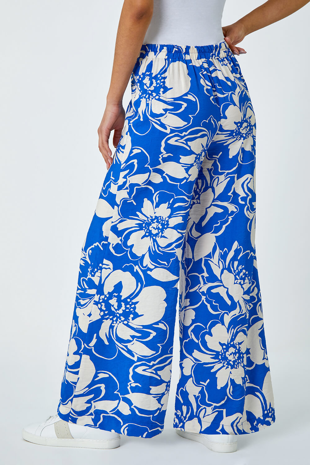 Blue Floral Print Wide Leg Trousers, Image 3 of 5