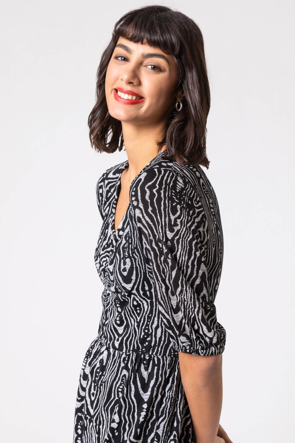 Black Animal Print Tiered Ruched Detail Dress, Image 4 of 5