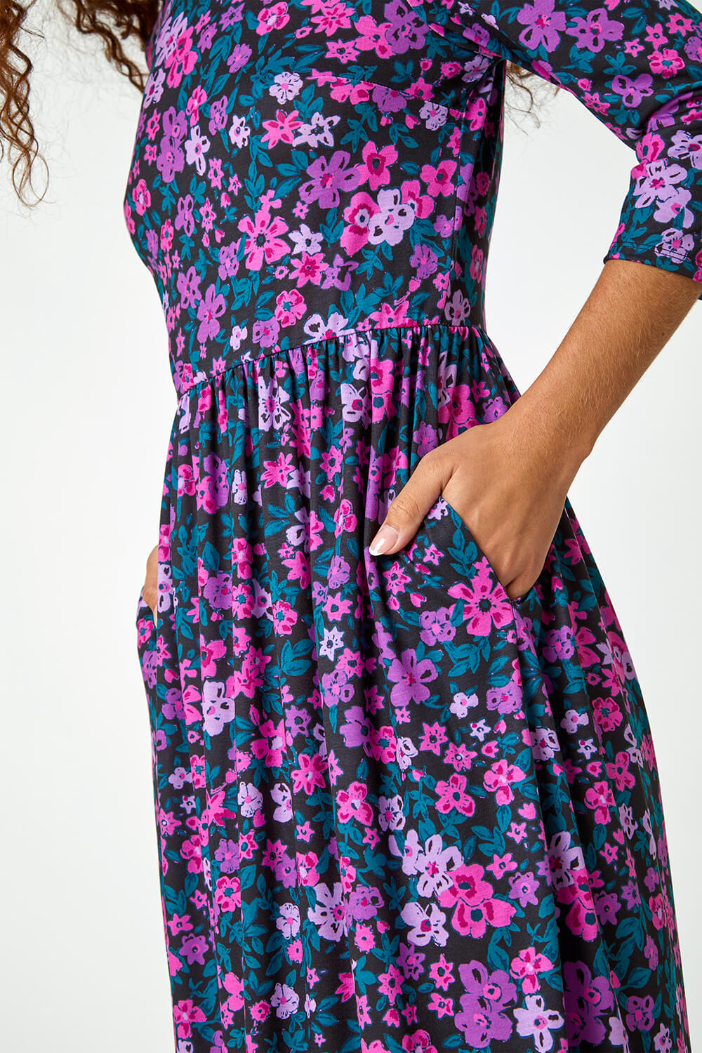 Purple Floral Print Midi Stretch Dress, Image 5 of 5