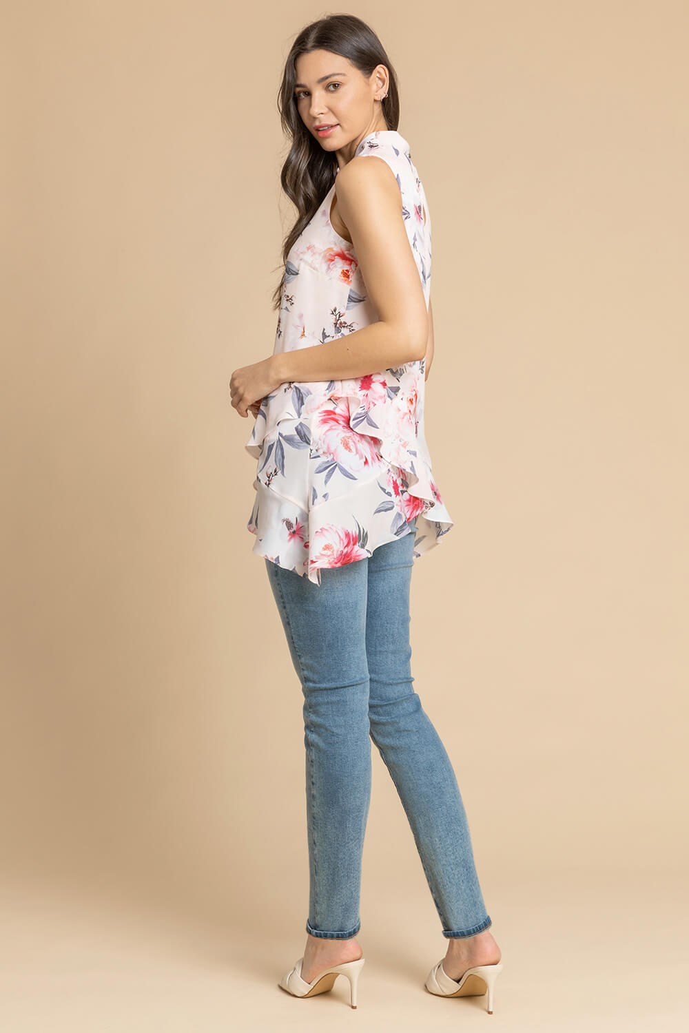 Light Pink Floral Twist Neck Frill Top, Image 2 of 5