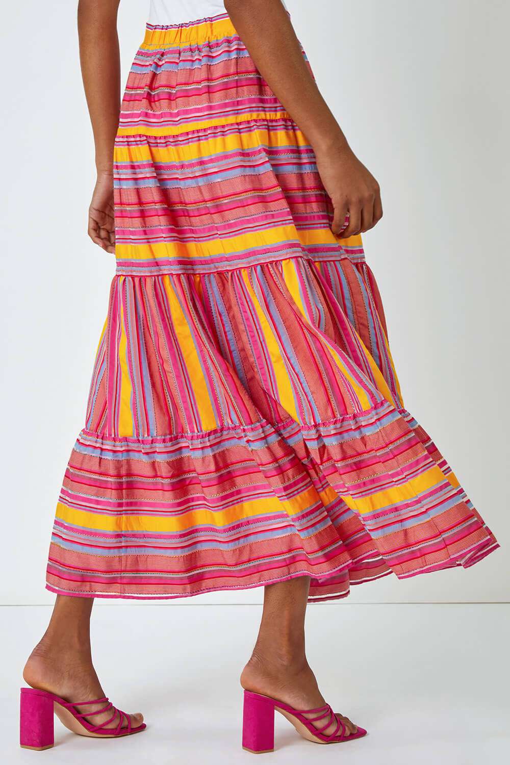 Fushcia Tiered Striped Maxi Skirt, Image 4 of 5