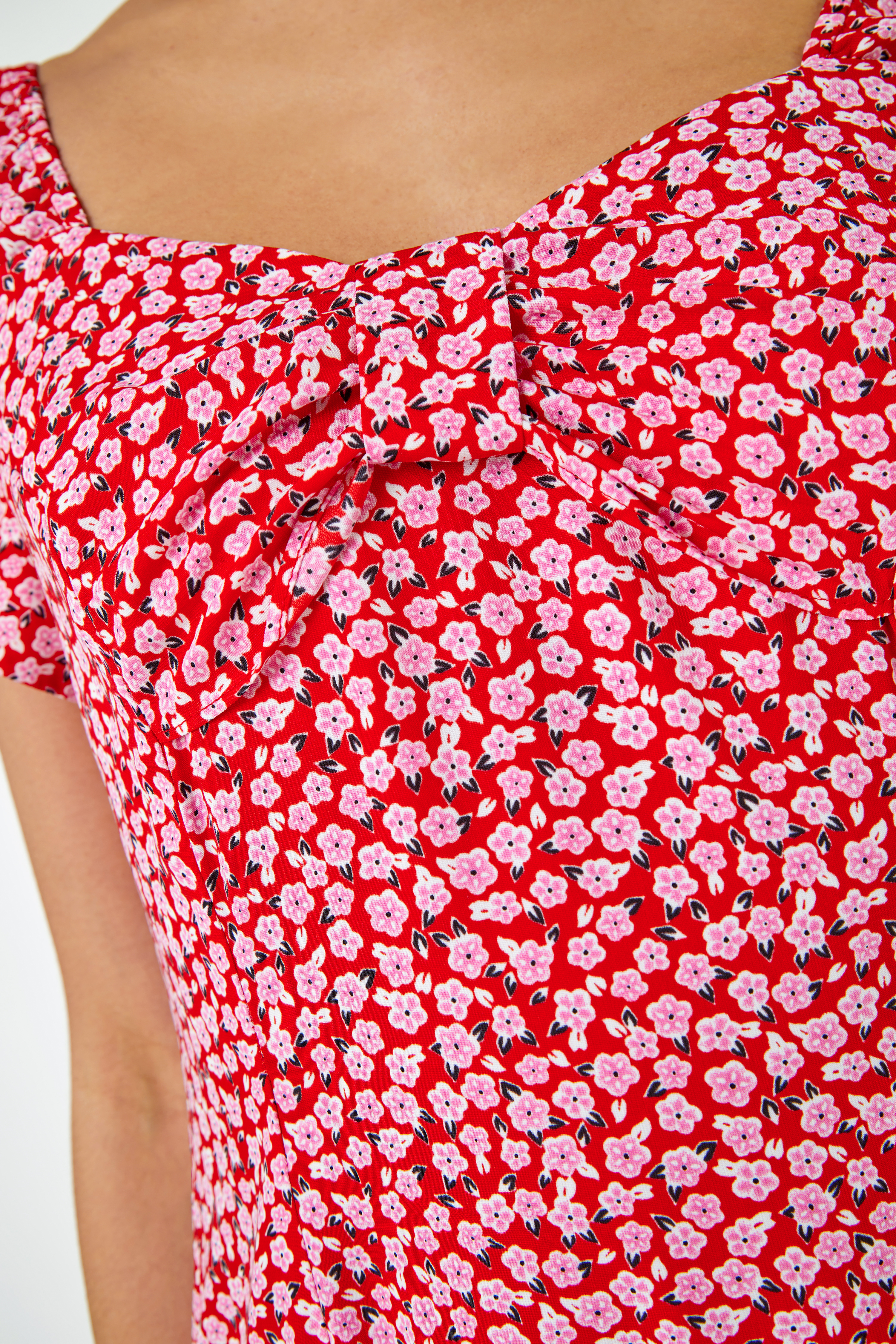 Red Ditsy Floral Bow Detail Midi Dress, Image 5 of 5