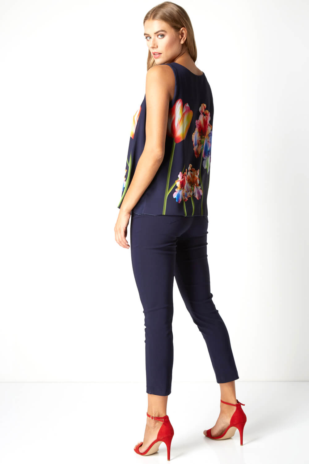 Navy  Floral Chiffon Overlay Top, Image 3 of 4