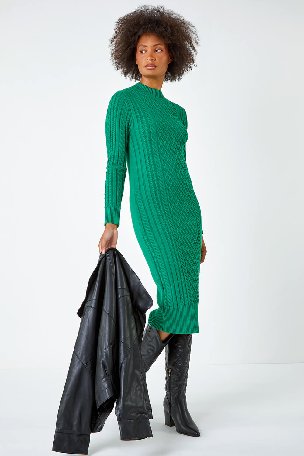 Green Cable Knit Midi Jumper Dress, Image 2 of 7