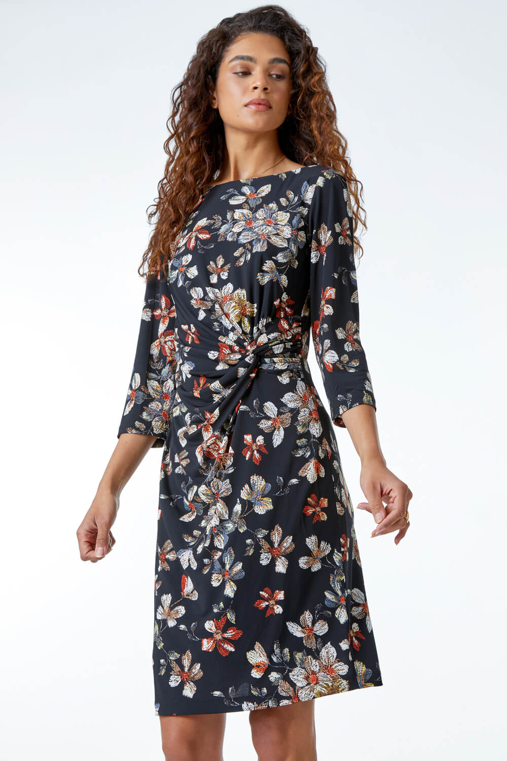 Black Textured Floral Print Ruched Waist Dress, Image 3 of 5