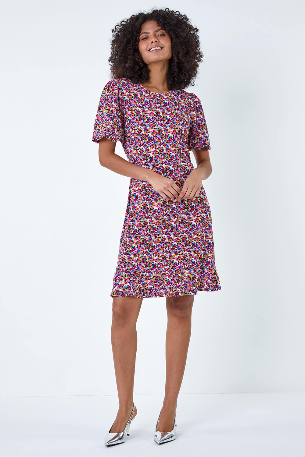 Fuchsia Ditsy Floral Print Dress, Image 2 of 5