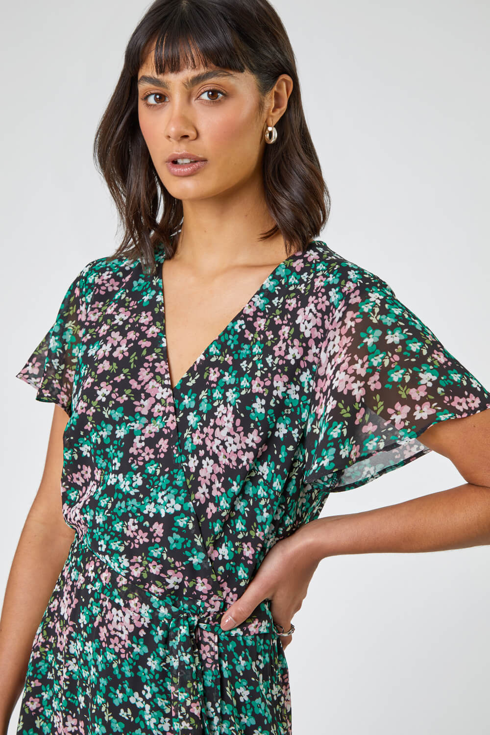 Green Ditsy Floral Wrap Midi Dress, Image 4 of 5