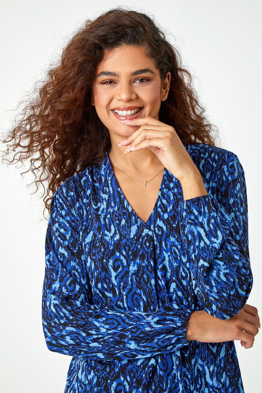 Blue Aztec Print Pleated Stretch Top, Image 4 of 5