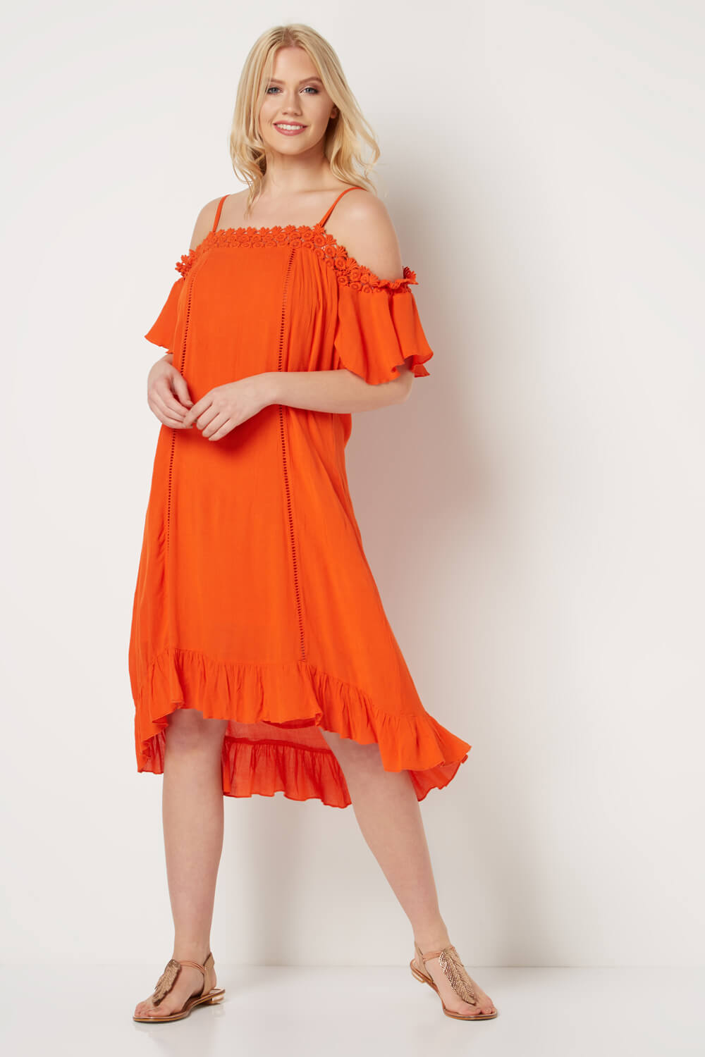 Cold Shoulder Crochet Dress in Orange 