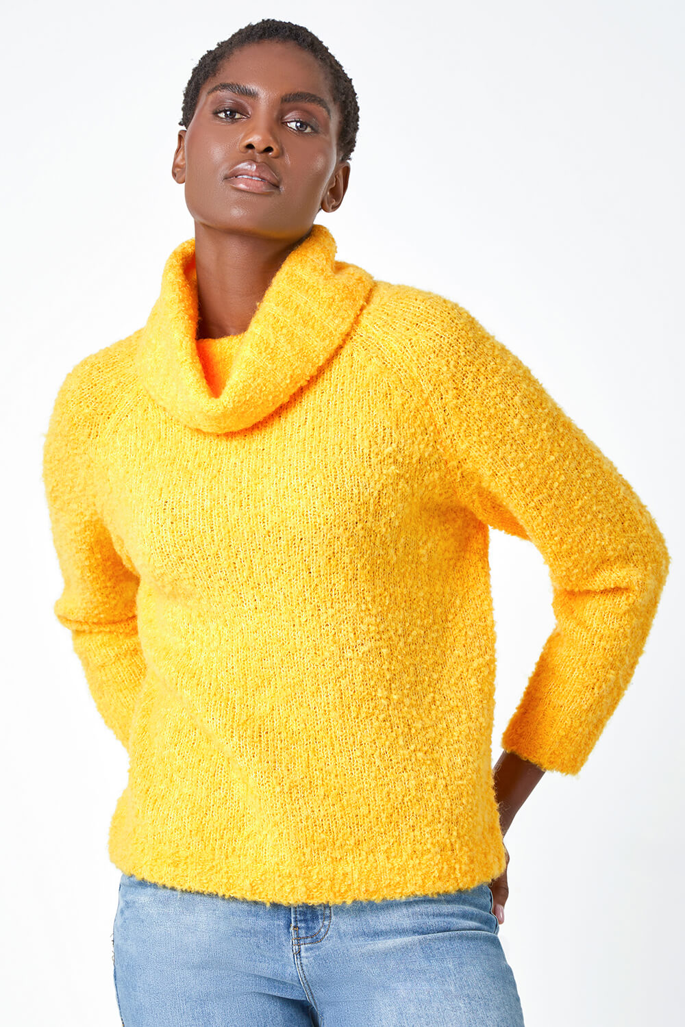 Yellow Fluffy Cowl Neck Jumper, Image 2 of 5