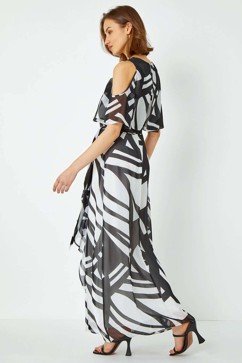 Ivory  Geometric Overlay Cold Shoulder Maxi Dress, Image 3 of 5
