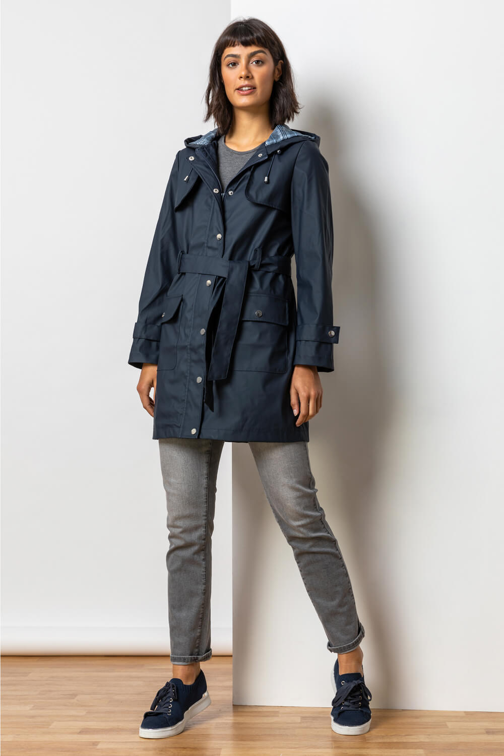 Navy  Belted Raincoat with Hood, Image 3 of 5