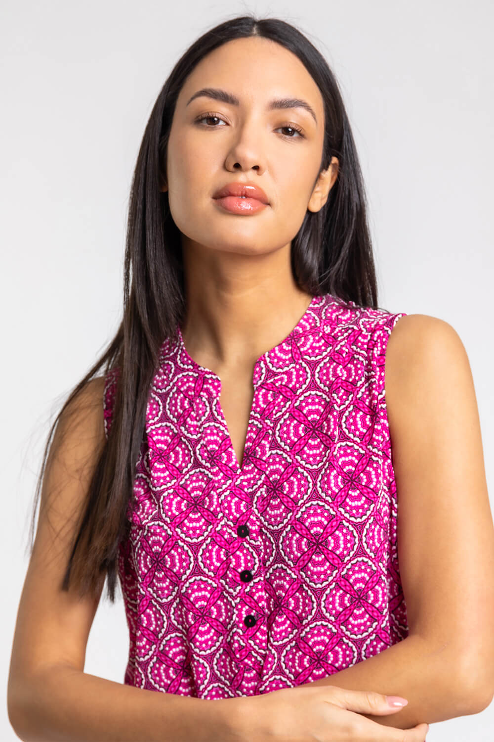 PINK Abstract Puff Print Notch Neck Top, Image 3 of 4
