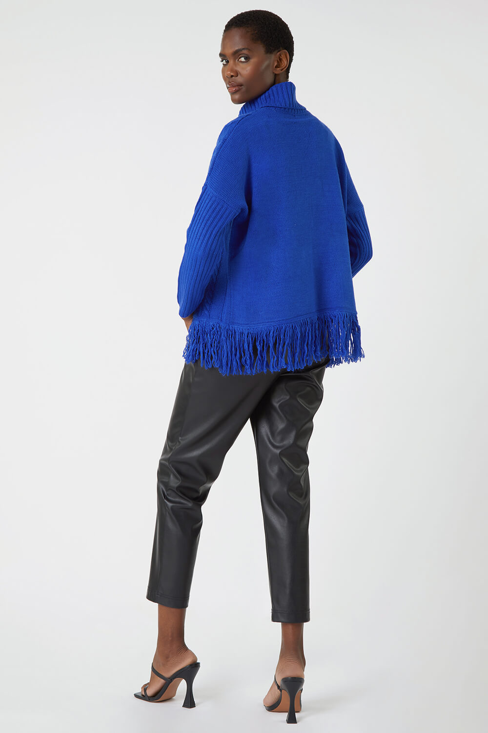 Blue Cable Knit Roll Neck Fringed Jumper, Image 4 of 6