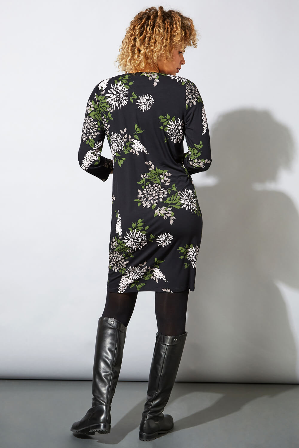 Black Floral Print Jersey Pocket Dress, Image 3 of 5