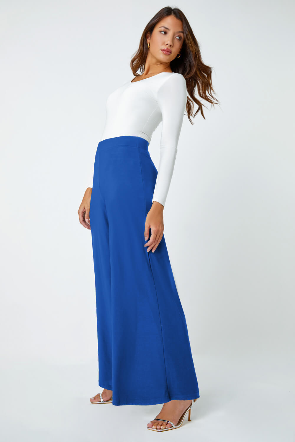 Blue Wide Leg Stretch Trousers, Image 2 of 5