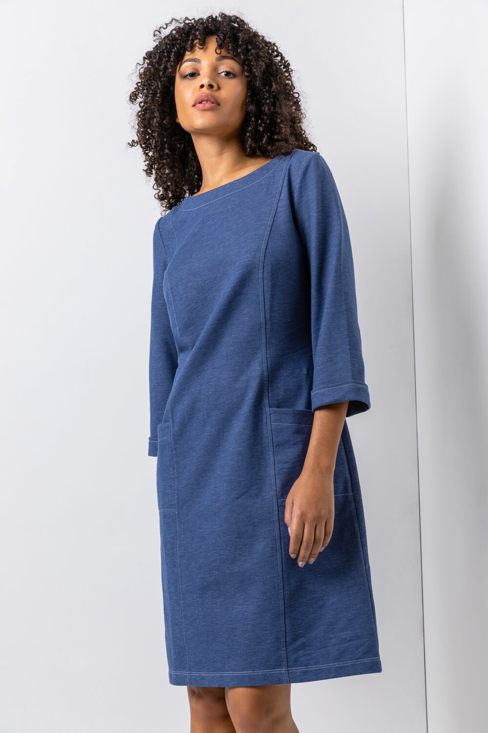 Denim Contrast Stitch Jersey Shift Dress, Image 3 of 4
