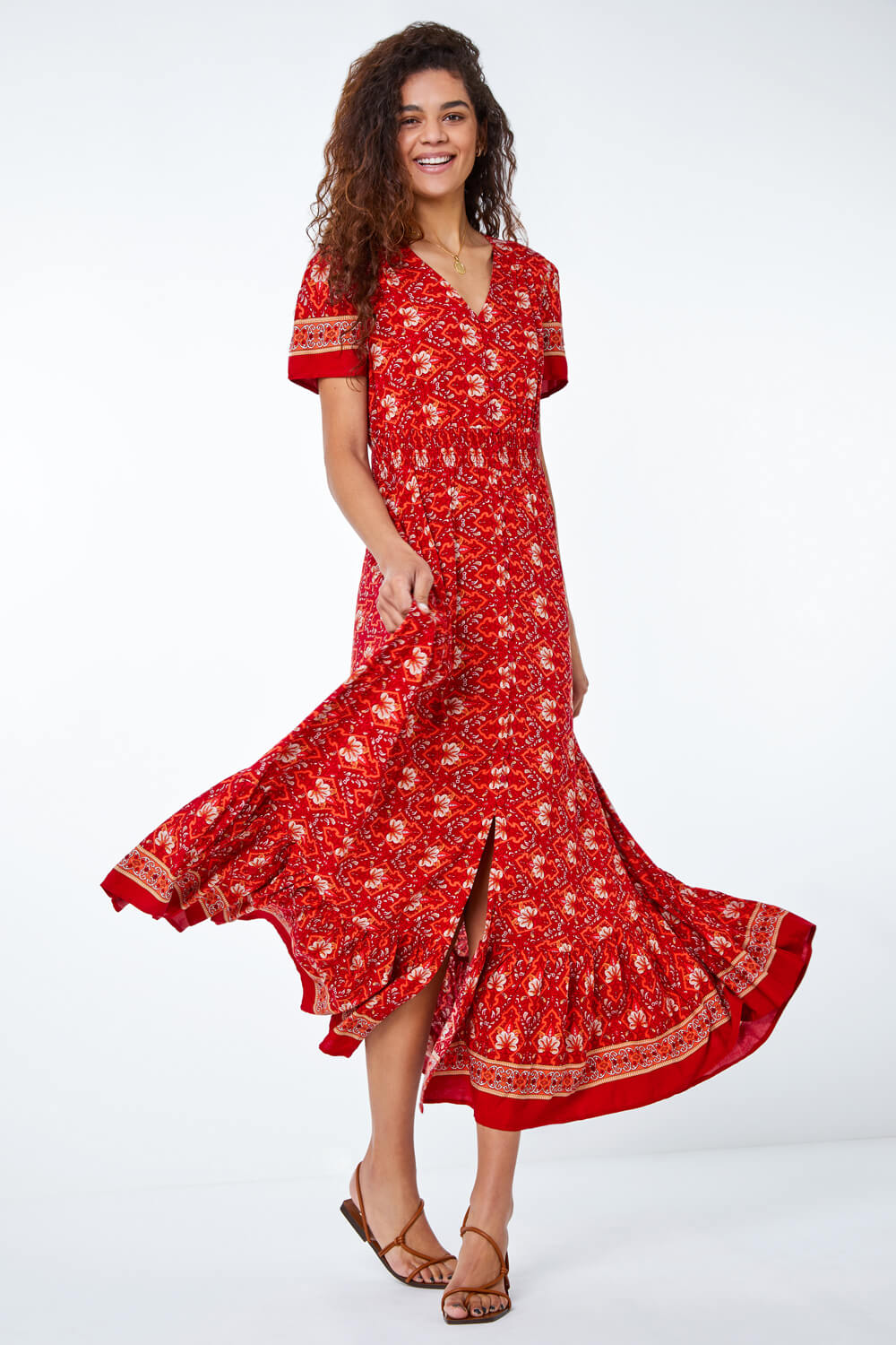 Red Floral Print Shirred Waist Maxi Dress, Image 2 of 5