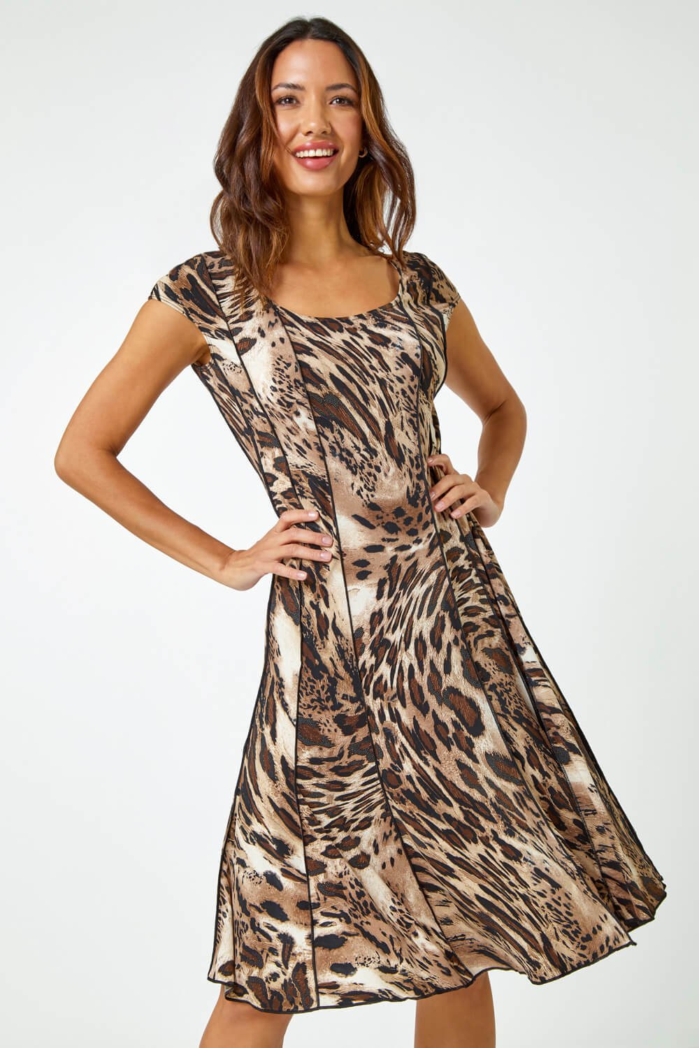 Camel Animal Print Panel Stretch Dress Roman UK