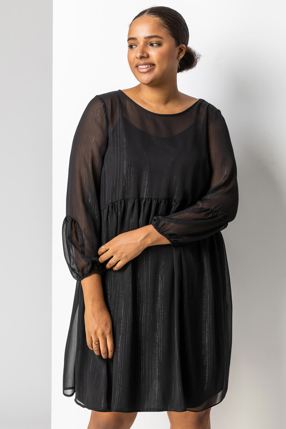 Black Curve Chiffon Shimmer Stripe Smock Dress, Image 4 of 4