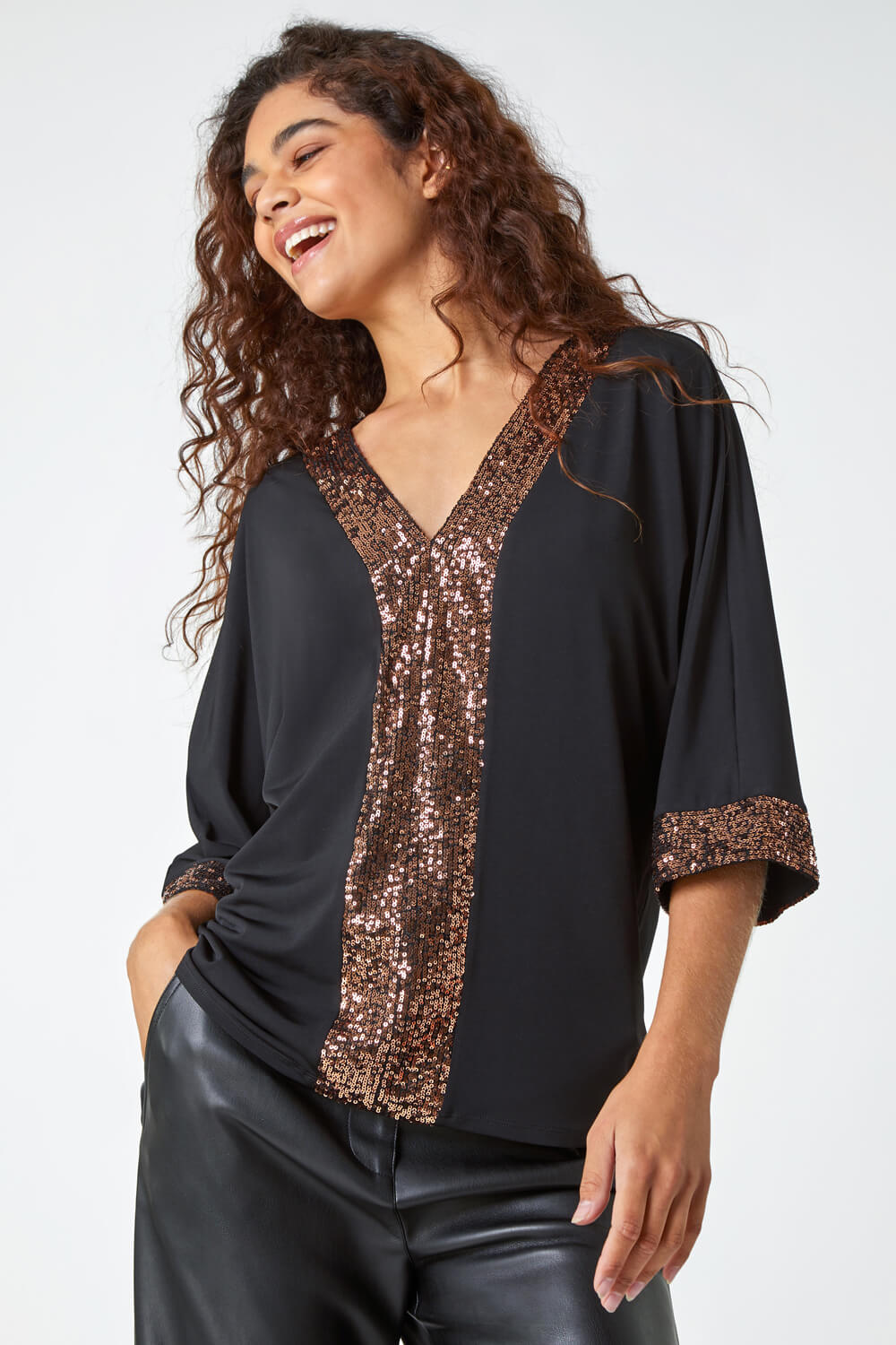 Black Sequin Detail Keyhole Stretch Top , Image 1 of 5