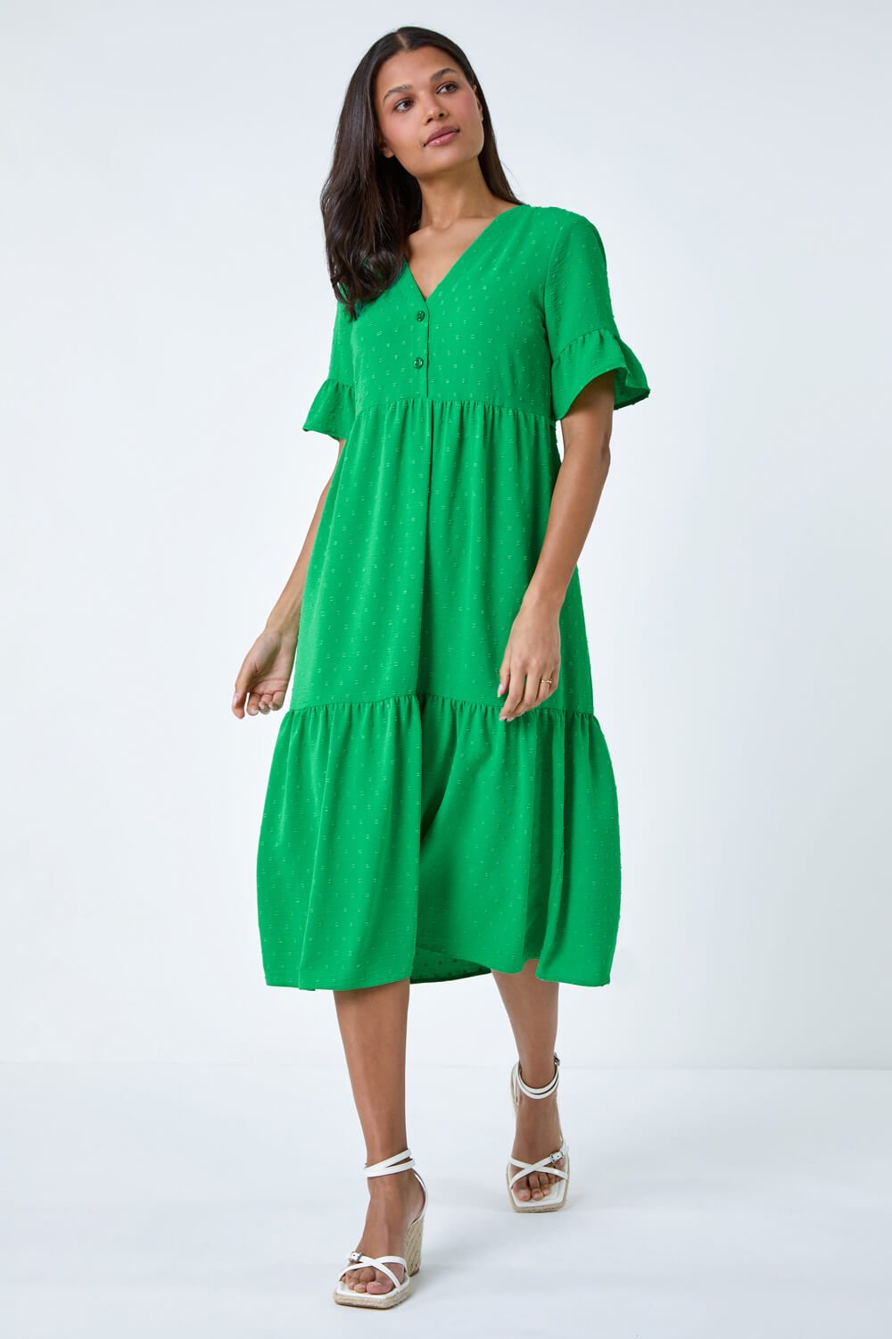 Green Textured Spot Frill Tiered Midi Dress, Image 2 of 5