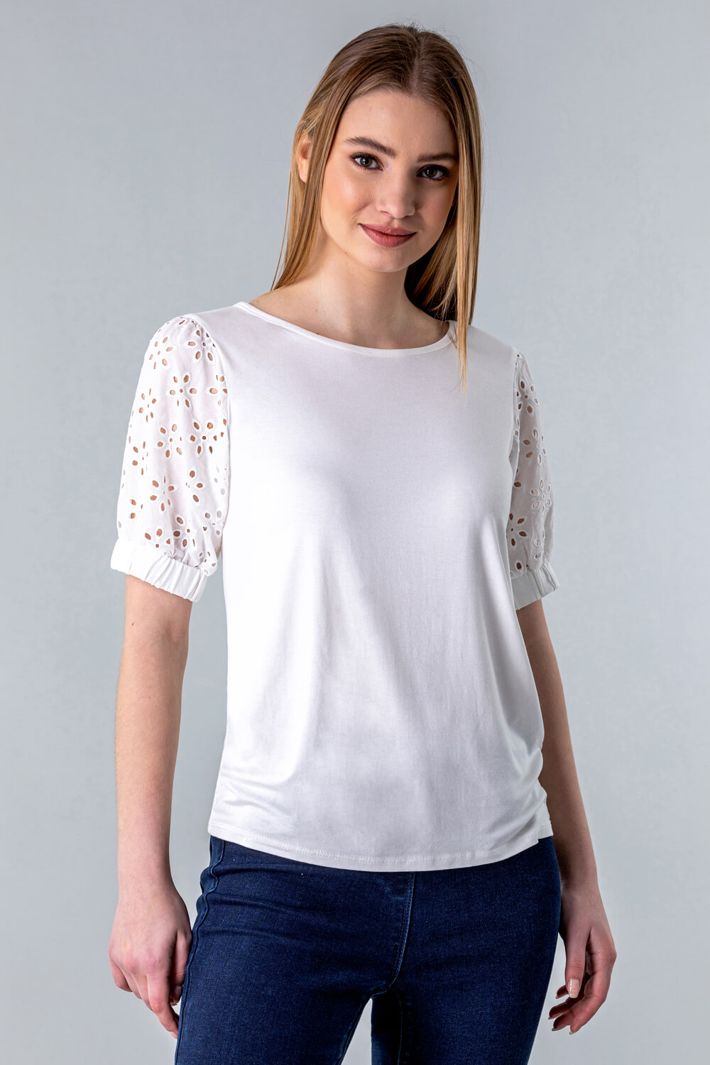 Ivory  Broderie Puff Sleeve T-Shirt, Image 5 of 5