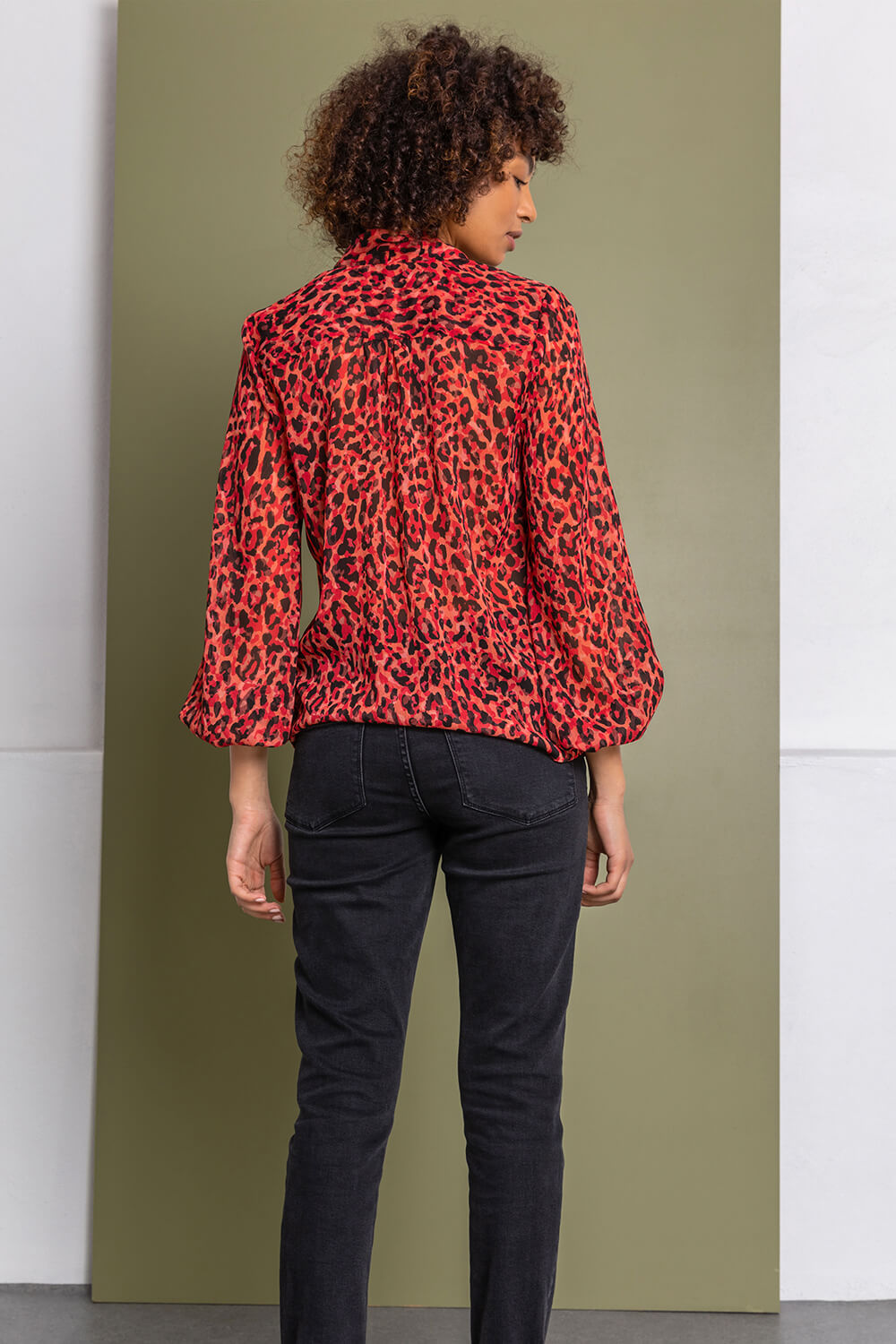 Red Animal Tie Detail Chiffon Blouse, Image 2 of 5