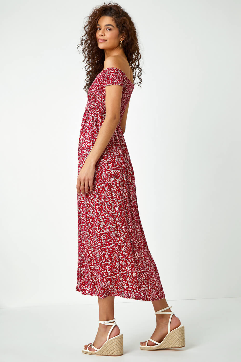 Red Floral Shirred Bardot Maxi Dress, Image 3 of 6
