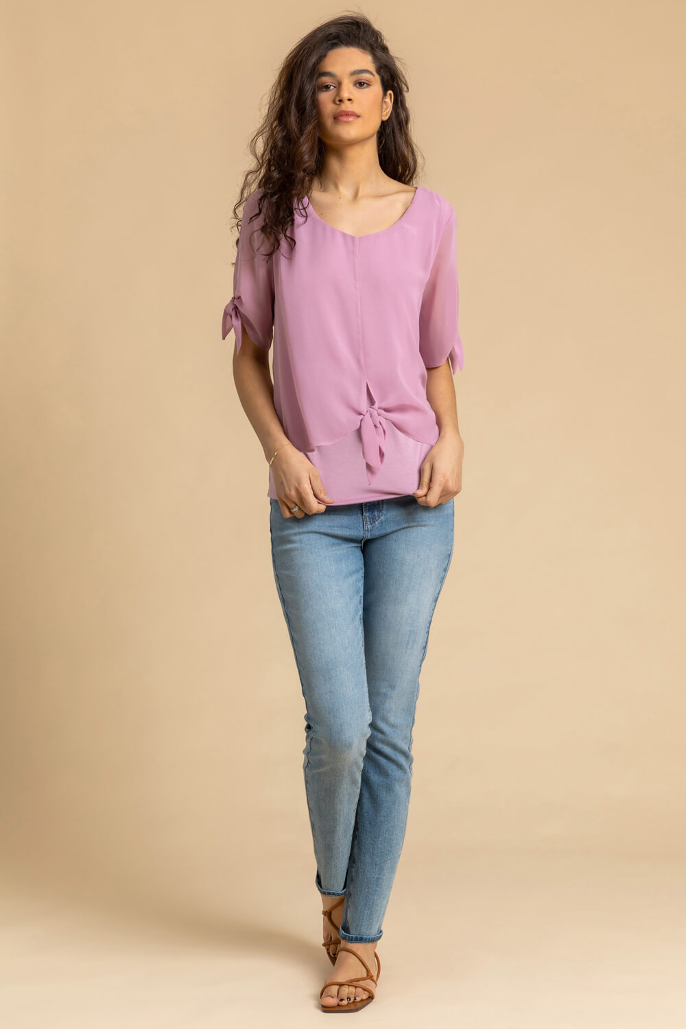 Mauve Chiffon Layered Tie Front Top, Image 3 of 4