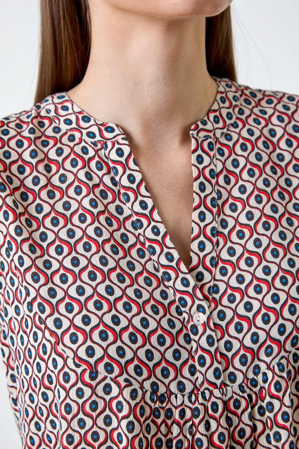 Red Geometric Print Frill Blouse, Image 5 of 5