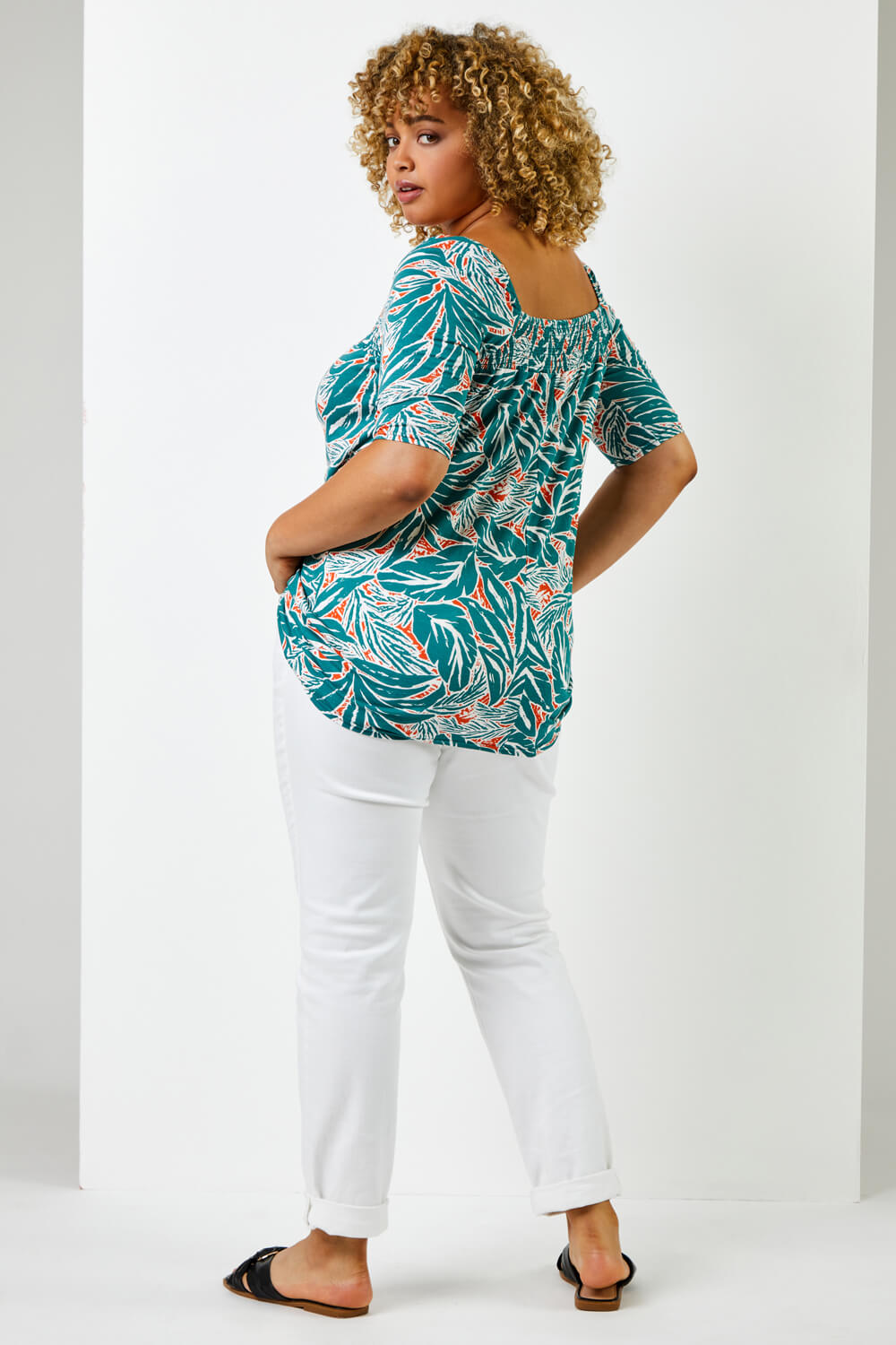 Green Curve Tropical Print Shirred Detail Top, Image 2 of 5