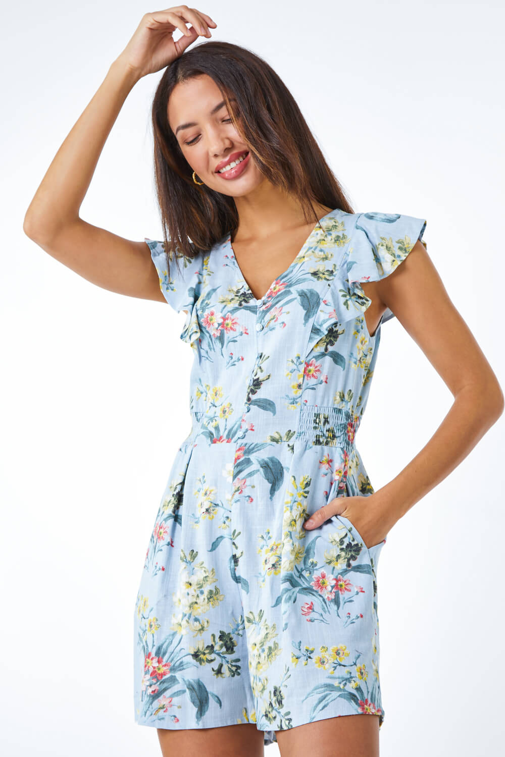 Light Blue  Floral Print Frill Playsuit, Image 4 of 5