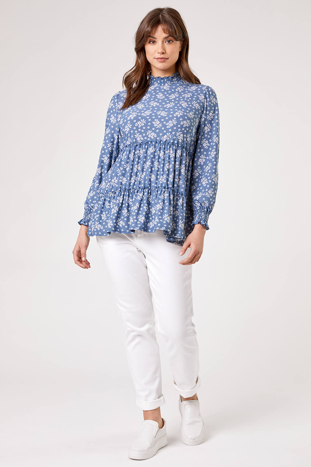 Blue Curve Tiered Floral Print Top, Image 3 of 5