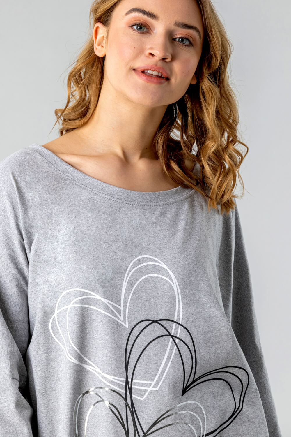 Light Grey One Size Foil Heart Print Lounge Top, Image 4 of 4