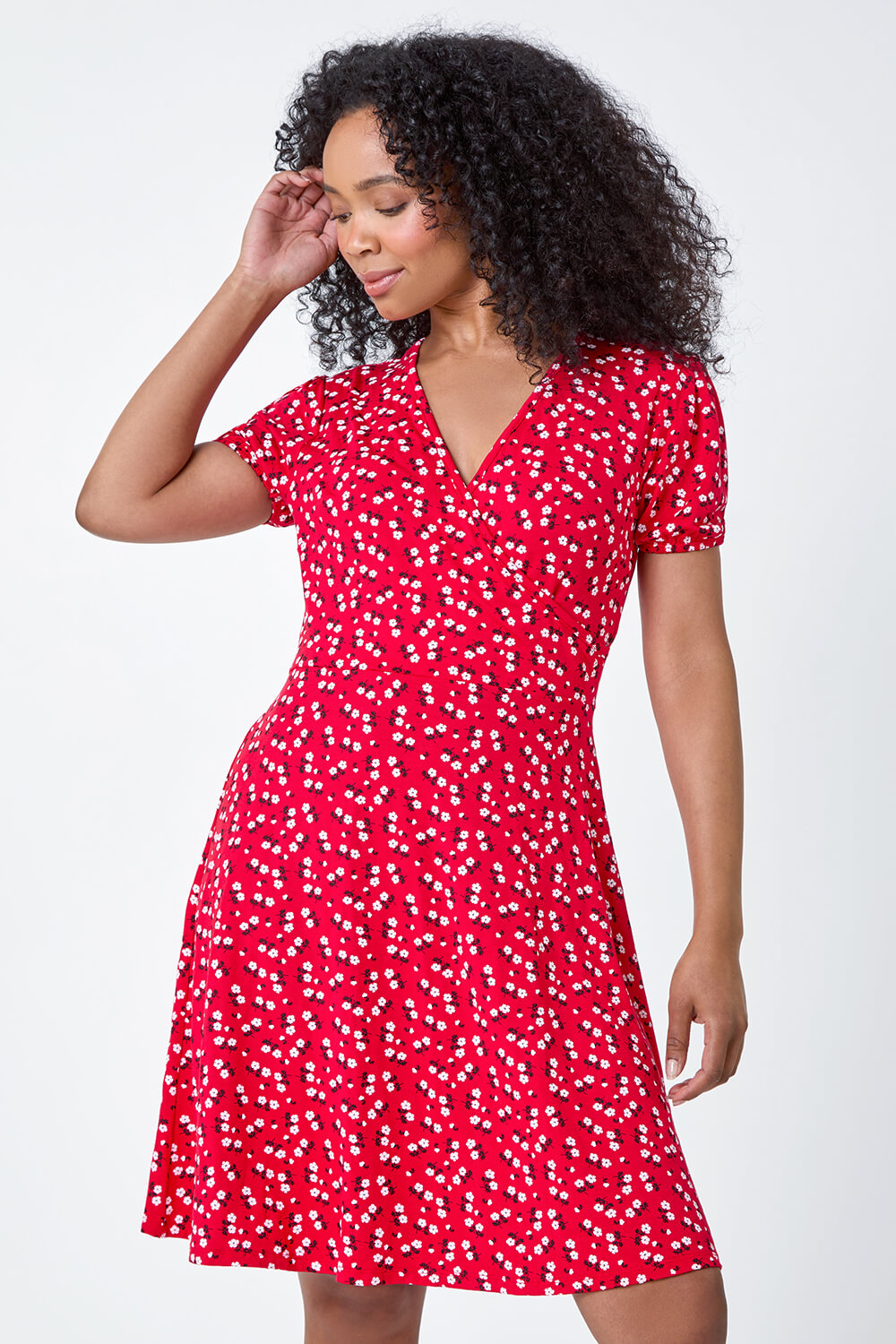 Red Petite Ditsy Wrap Stretch Dress, Image 2 of 5