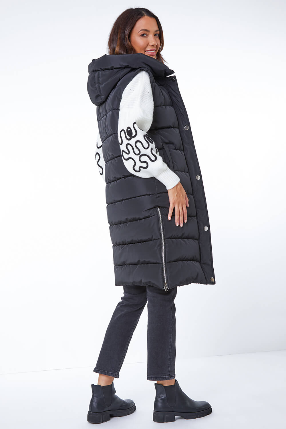 Black Hooded Longline Quilted Gilet, Image 3 of 5