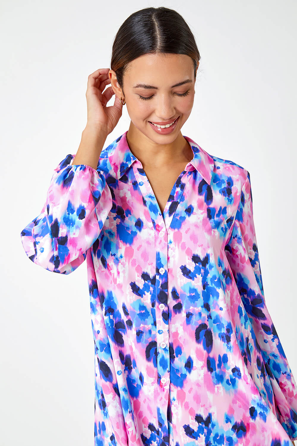 PINK Abstract Print Dropped Hem Blouse, Image 4 of 5