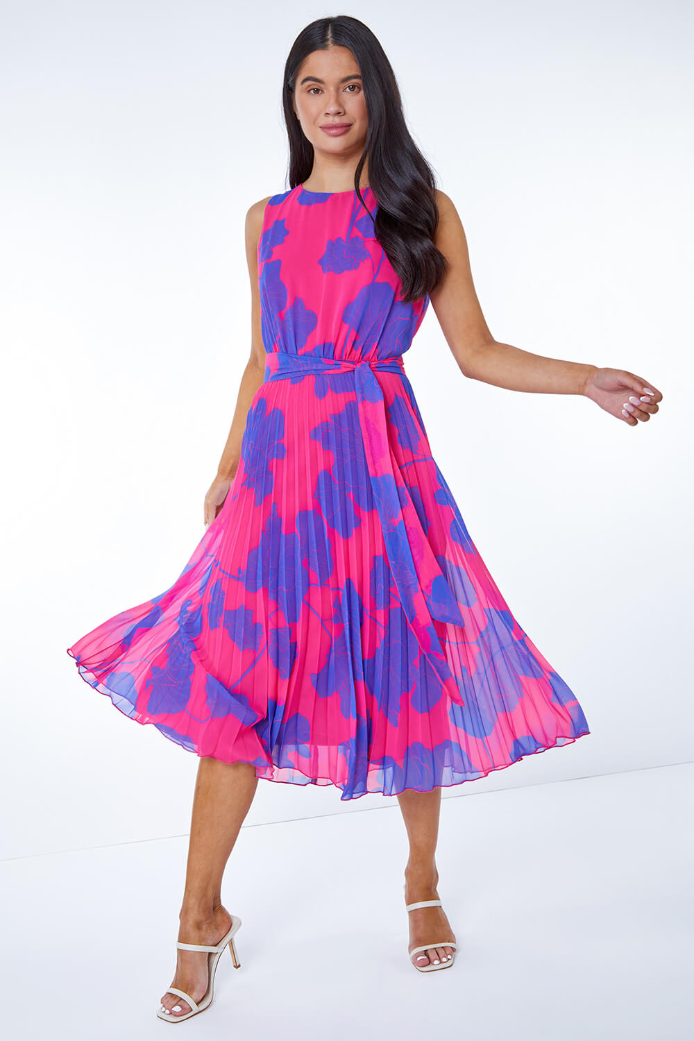 PINK Petite Floral Linear Pleated Chiffon Dress, Image 2 of 5