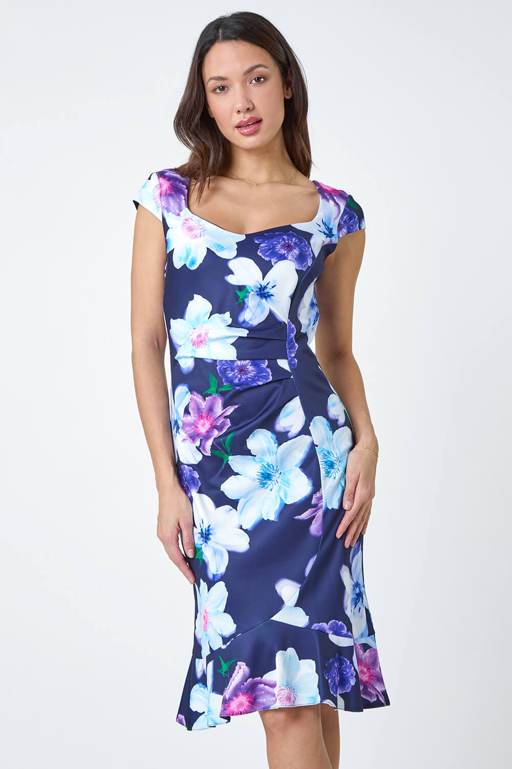 Navy  Premium Stretch Floral Ruched Frill Hem Dress, Image 2 of 5