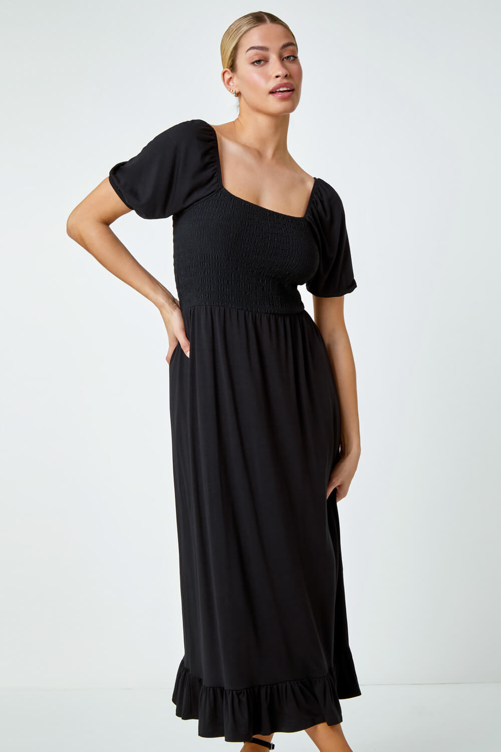 Black Shirred Frill Hem Stretch Dress , Image 2 of 5