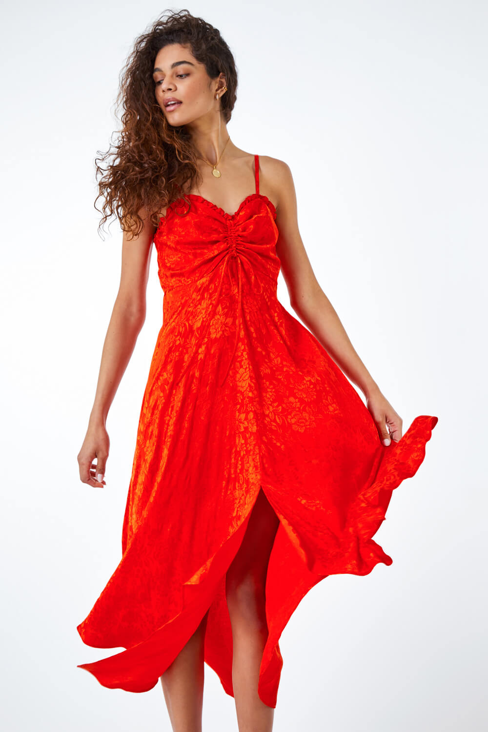 ORANGE Satin Ruffle Detail Jacquard Midi Dress, Image 2 of 5