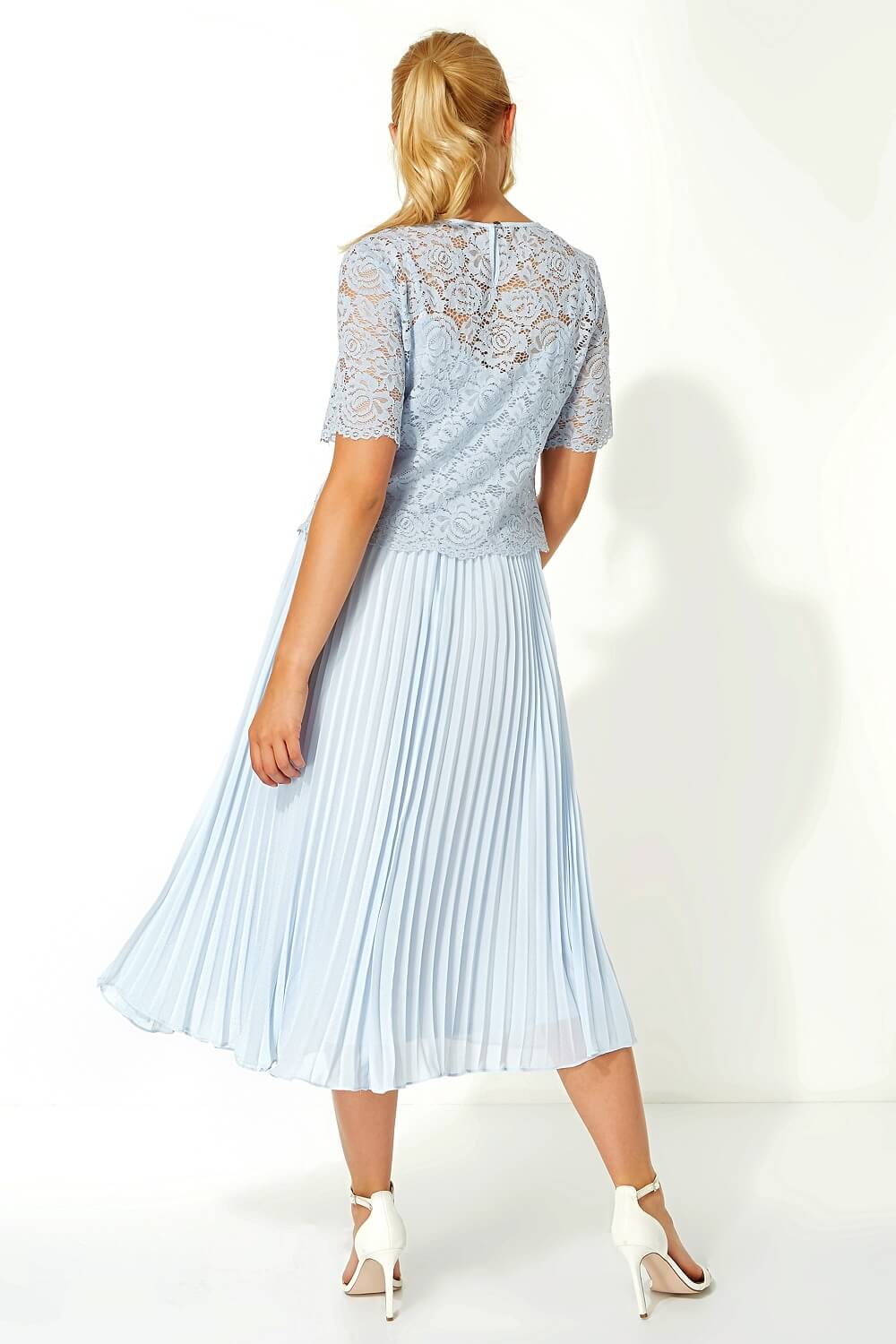 Light Blue  Lace Top Overlay Pleated Midi Dress, Image 2 of 5