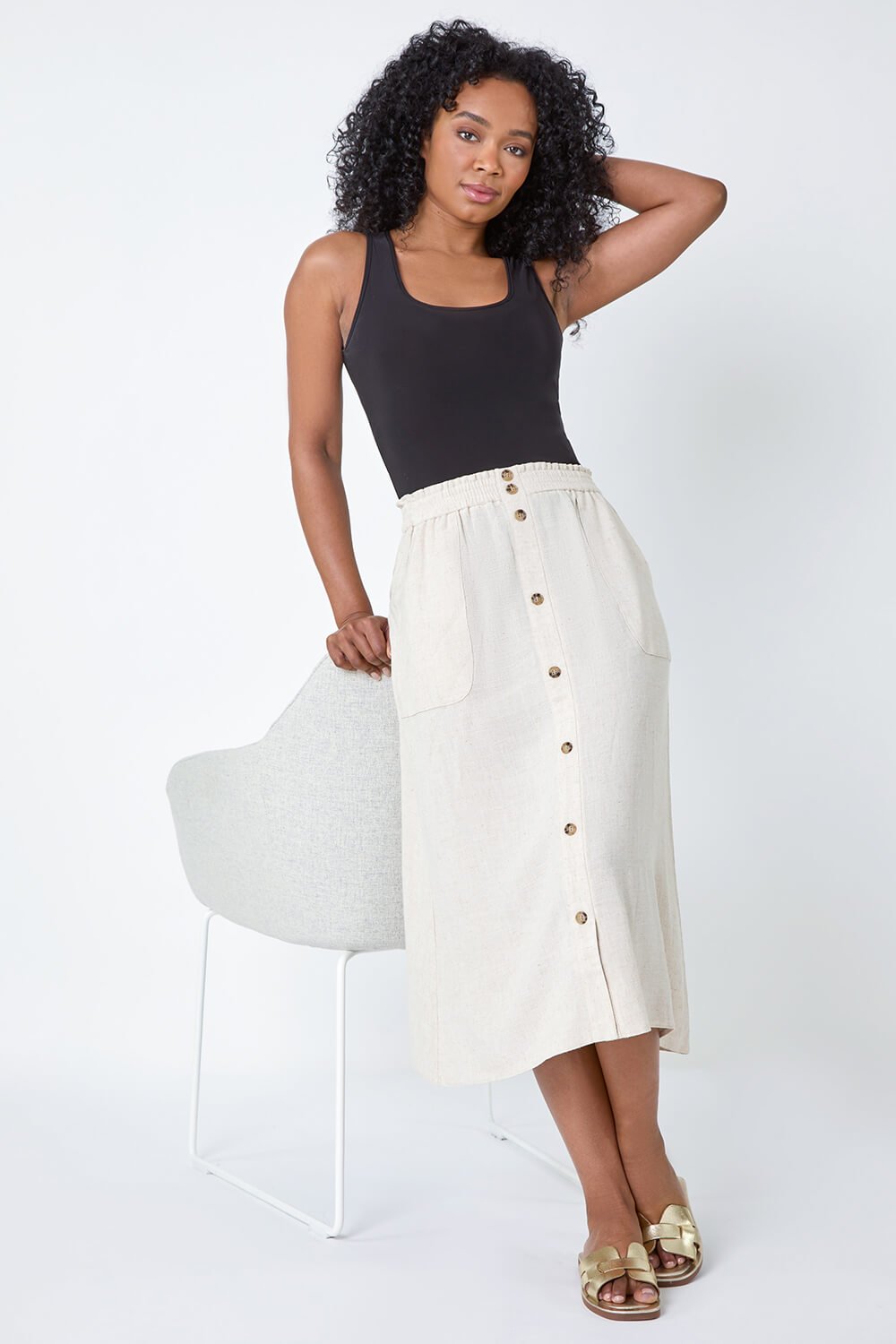 Natural  Petite Linen Blend Button Midi Skirt, Image 6 of 6