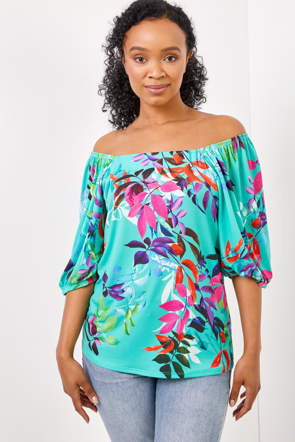 Green Petite Tropical Print Square Neck Top , Image 5 of 5