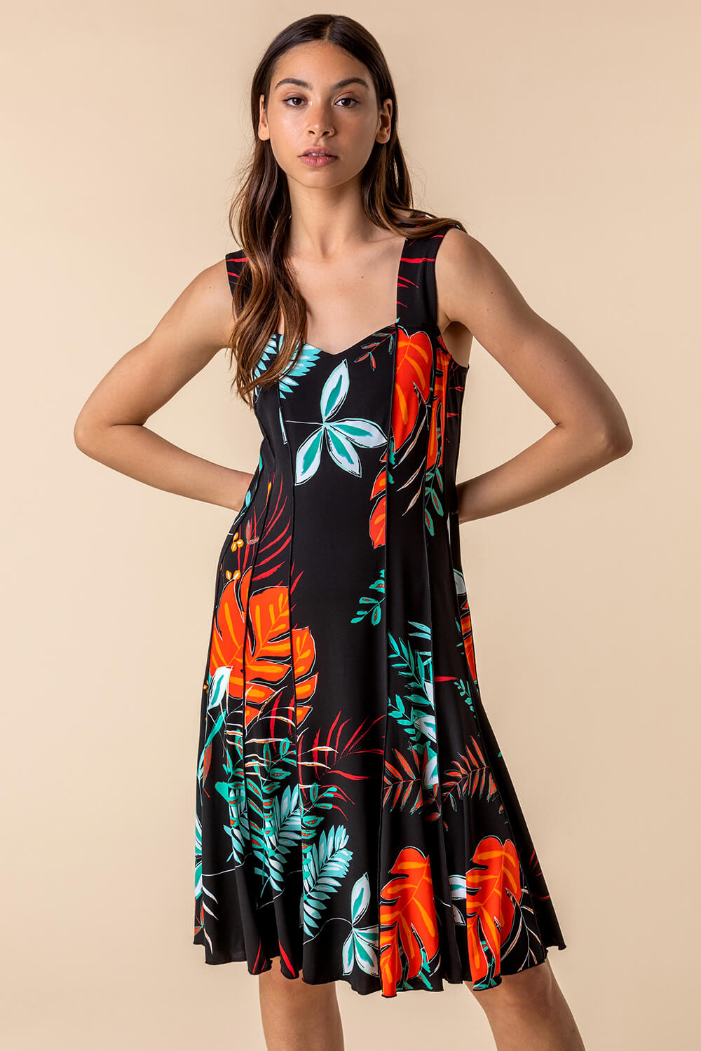 Tropical Print Panel Swing Dress