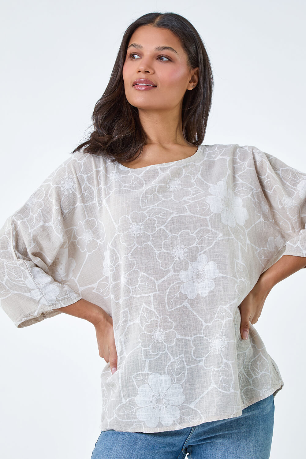 Stone Floral Print Cotton Tunic Top, Image 2 of 5